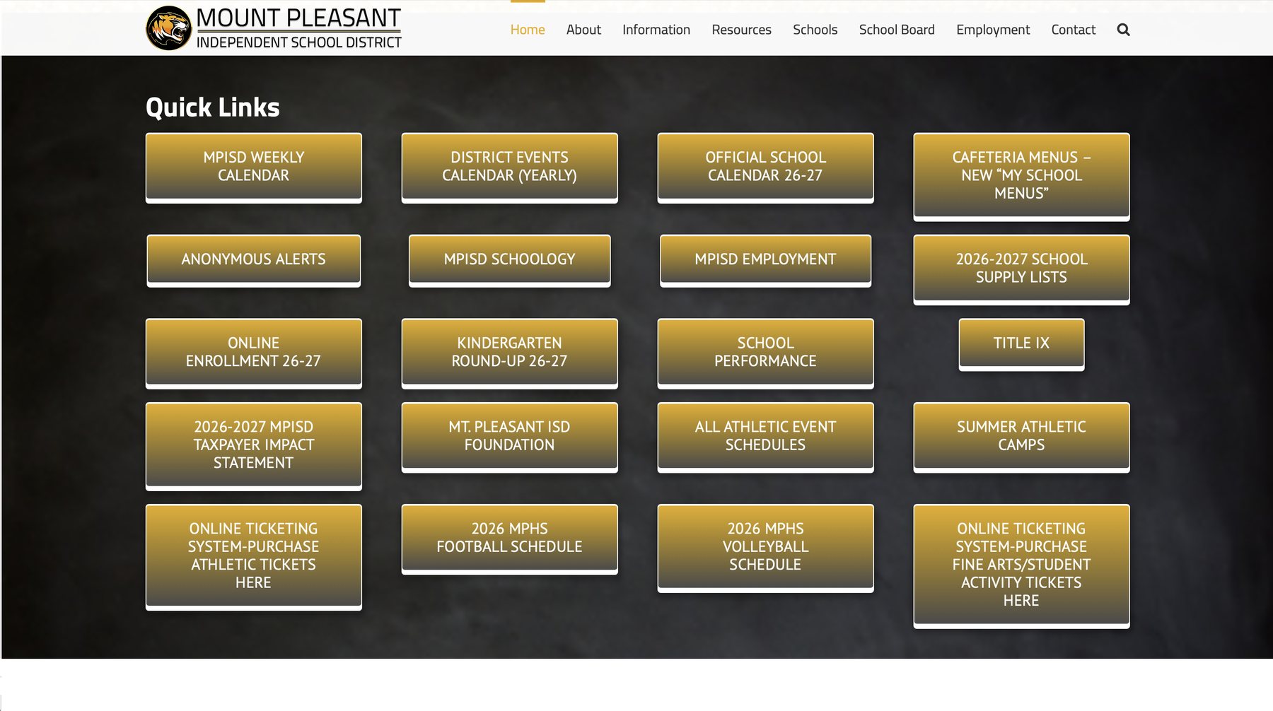 Previous Mount Pleasant ISD website, quick links section