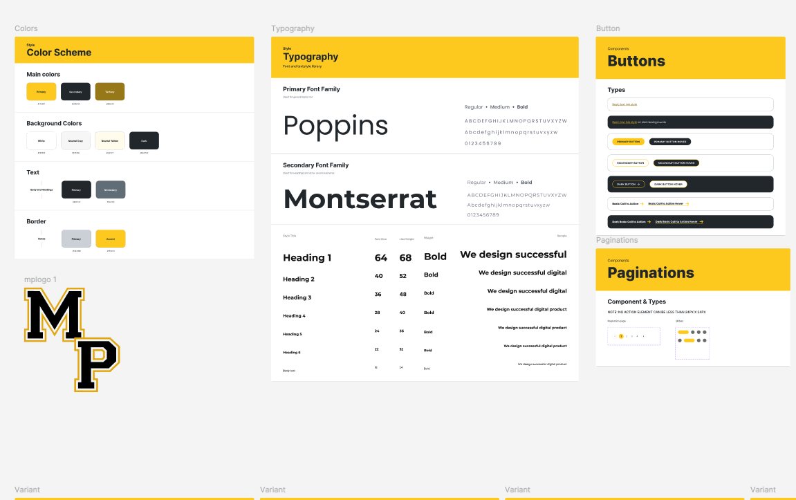 Design system for the new Mount Pleasant ISD website: colors, typography, buttons and pagination
